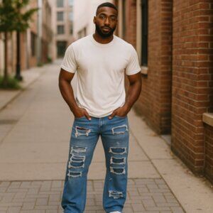 Hard Soda Premium Men’s Distressed Patchwork Jeans Blue Size 38